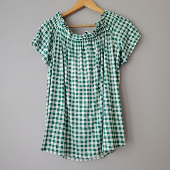 Signature Studio Green White Gingham Off The Shoulder Short Sleeve Top Womens XL - Picture 6 of 8